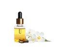 Jasmine essential oil, fresh flowers and vanilla sticks on white background Royalty Free Stock Photo