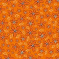 Jasmine floral vector seamless pattern background. Line art hand drawn flower heads, blossom, petals. Orange blue