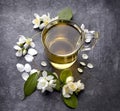 Jasmine flowers and cup of healthy tea, herbal medicine. A cup of green tea with jasmine on a black background Royalty Free Stock Photo