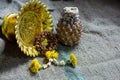 Jasmine garland withered thai style and pineapple and Phan falling on art dark background. Royalty Free Stock Photo