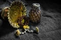 Jasmine garland withered thai style and pineapple and Phan falling on art dark background. Royalty Free Stock Photo