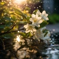 jasmine in a raining day, sparkling reflection by the sun