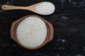 Jasmine rice in a clay pot and the wood ladle Royalty Free Stock Photo