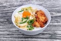 Jasmine rice with deep fried Chicken topped soft boil eggs and Royalty Free Stock Photo