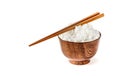 Jasmine rice hot cooked in wooden bowl with chopsticks Royalty Free Stock Photo