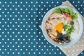Jasmine rice topped soft boil eggs and fried pork. Have text space on left. Royalty Free Stock Photo