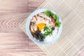 Jasmine rice topped soft boil eggs and fried pork. Royalty Free Stock Photo