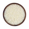 Jasmine rice in wooden bowl isolated on white background. Top view