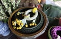 Jasmine Wreath with Yellow Roses on Pedestal Dish Royalty Free Stock Photo