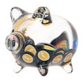 JasmyCoin (JASMY) Clear Glass piggy bank with decreasing piles of crypto coins.