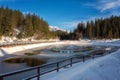 Jasna ski resort in Low Tatras, Slovakia Slovensko. Beautiful winter landscape with artificial lake surrounded by fir tree fores