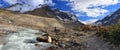 Jasper National Park Landscape Panorama of Athabasca Glacier and Meltwater Stream in Evening Light, Alberta, Canada