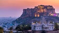 The Jaswant Thada and Mehrangarh Fort in background at sunset, The Jaswant Thada is a cenotaph located in Jodhpur, It was used for