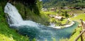Jaun, FR / Switzerland - 30 May 2019: tourist visiting the idyllic Swiss village of Jaun and the Jaunfall waterfall in the Alps of