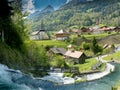 Jaun, FR / Switzerland - 30 May 2019: tourist visiting the idyllic Swiss village of Jaun and the Jaunfall waterfall in the Alps of