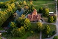 Jaunmoku brick medieval castle and its territory near Tukums, Latvia, drone view