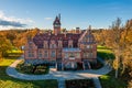 Jaunmoku Brick Medieval Castle Near Tukums, Latvia on a clear sunny autumn day, drone view