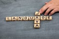 JAVA code and programming language concept. Wooden alphabet letters on a black chalk board