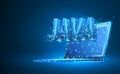 JAVA coding language on notebook screen. Device, programming, developing concept. Abstract, digital, wireframe, low poly mesh, Royalty Free Stock Photo
