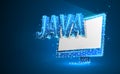 JAVA coding language on white monitor screen. Device, programming, developing concept. Abstract, digital, wireframe, low Royalty Free Stock Photo