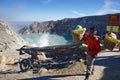 Miner carrying baskets of sulphur out of Ijen crater, Kawah Ijen