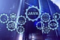 Java Programming concept. Virtual machine. On server room background.