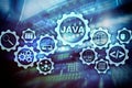 Java Programming concept. Virtual machine. On server room background.