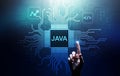 Java programming language application and web development concept on virtual screen.