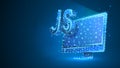 Java Script coding language sign on computer monitor. Device, programming, developing concept. Abstract, digital, wireframe, low Royalty Free Stock Photo