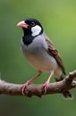 Java sparrow perches on branch, its grey body contrasting with black head and white cheeks. Bird has pink beak, legs, and sits Royalty Free Stock Photo