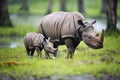 javan rhino calf grazing by mother