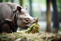 javan rhino eating palm leaves