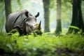 javan rhino grazing in lush green foliage