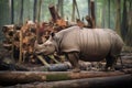 javan rhino standing near fallen log