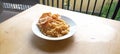 Javanese fried rice with crackers on the terrace of the house