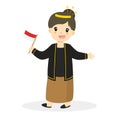 Javanese Girl Holding Indonesian Flag Traditional Dress Cartoon Vector