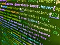 Javascript abstract computer script, random. Computer language script code screen. A snipped of minified javascript, the mostly Royalty Free Stock Photo
