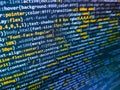Javascript code in bracket software. Data encryption security code on a computer display, close up. Developer working on program Royalty Free Stock Photo