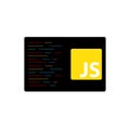 JavaScript emblem on the black background with code lines. Royalty Free Stock Photo