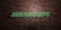 JAVASCRIPT - fluorescent Neon tube Sign on brickwork - Front view - 3D rendered royalty free stock picture