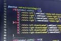 Javascript front-end code. Computer programming source code. Abstract screen of web developer. Royalty Free Stock Photo