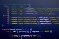 Javascript front-end code. Computer programming source code. Abstract screen of web developer.