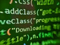 Javascript functions, variables, objects. Colorful code background. Screen of web developing code on dark background. Programmer