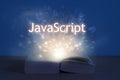 JavaScript inscription above open book. Light coming from open book with words javascript