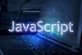 JavaScript inscription against laptop and code background. Learn JavaScript programming language, computer courses, training Royalty Free Stock Photo