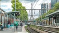 Javel train station with Eiffel tower on background timelapse. Paris, France