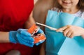 Jaw anatomical model teeth brushing close-up. Pediatric dentist teaching oral hygiene lesson for kids in dentistry. The Royalty Free Stock Photo