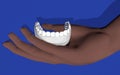 Jaw, cast of teeth, human teeth. The palms in the picture. Dentistry, periodontist. 3D-rendering