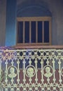 Jawahar Lal Nehru and Mahatma Gandhi figure in cast iron grillwork on balcony railing Castalrock