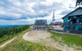 Jaworzyna Krynicka, Poland - August 21/2015; The upper station of the gondola lift, radio signal television tower and traditional